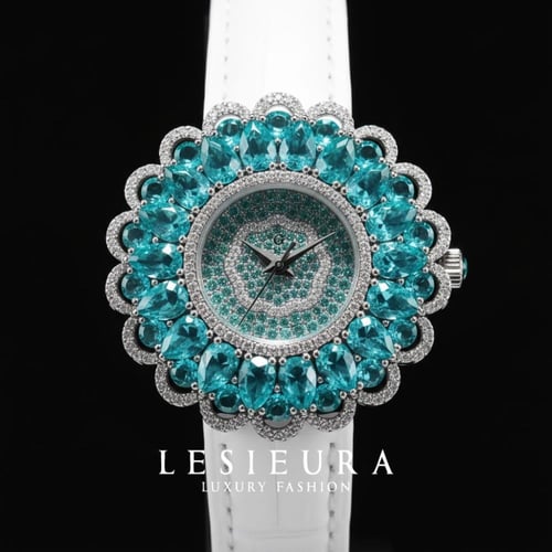 ساعة أكوامارينا بالجلد الابيض