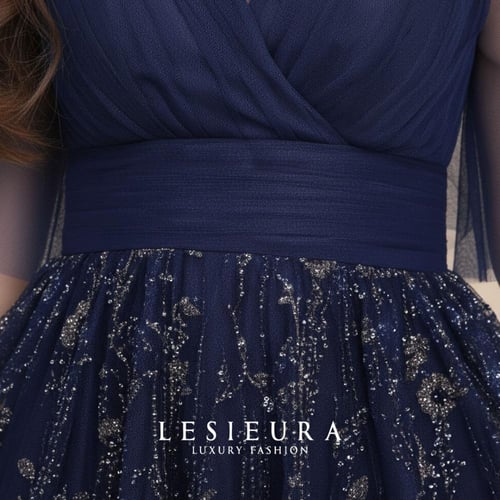 فستان سهرة كحلي مطرز مع أكمام قصيرة