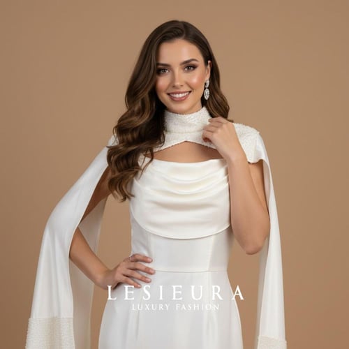 فستان سهرة ابيض طويل مع شال لؤلؤ فاخر