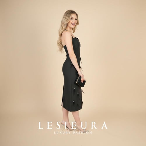 فستان اسود ناعم بفصوص متناثرة وريش طبيعي