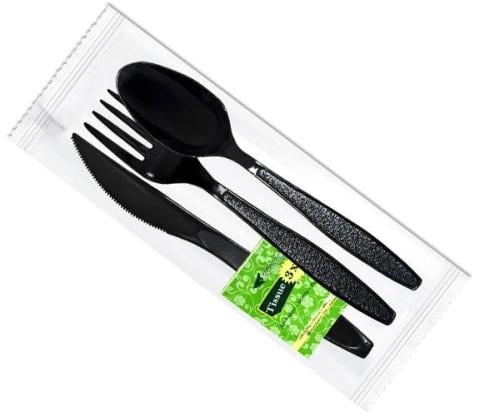 مغلف 4*1 vip اسود PP (شوكه +ملعقه +سكين +منديل ورق...