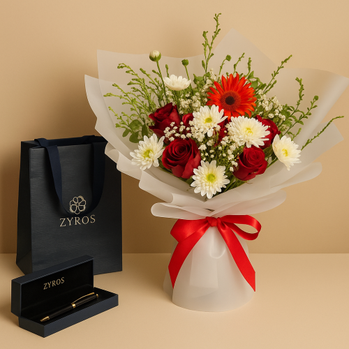 باقة ورد مع قلم من براند