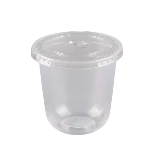 كاسات بلاستيك شفاف للعصير U بغطاء فلات 12 اونص