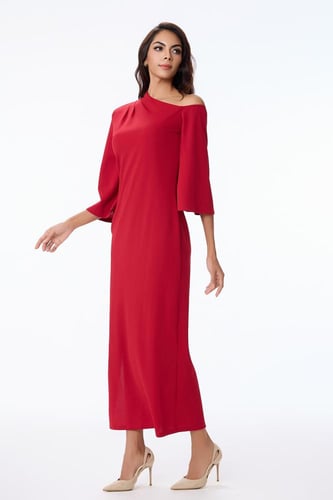 فستان كريب احمر بكتف روماني