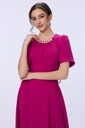 فستان فوشي برباط كورسيه جانبي