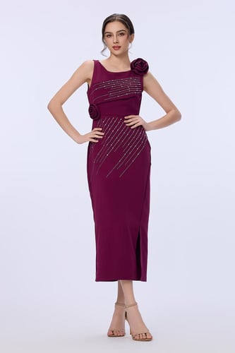 فستان كريب عنابي مع كريستال