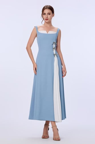 فستان كريب ازرق مع بليسيه