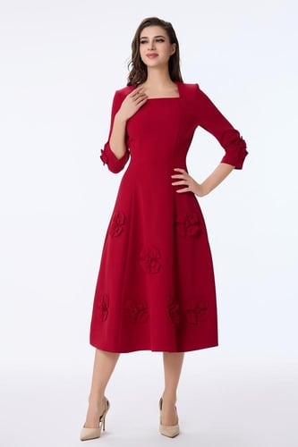 فستان كريب احمر بالورود