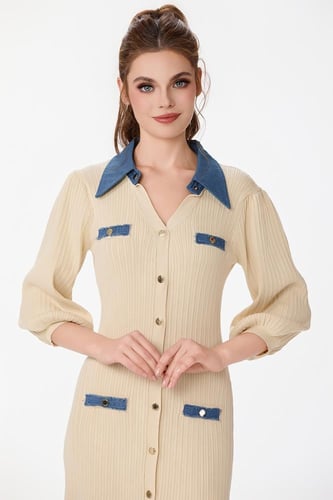 فستان صوف بيج بياقة جينز