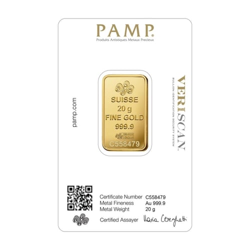 سبيكة ذهب PAMP سويسري وزن 20 جرام عيار 24 قيراط