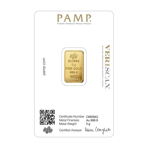 سبيكة ذهب PAMP سويسري وزن 5 جرام عيار 24 قيراط