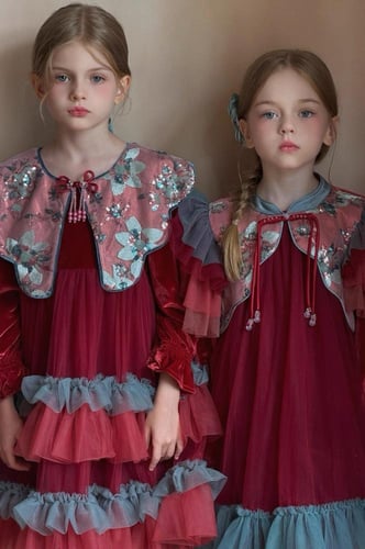 فستان بناتي أنيق من المخمل والتول مع ياقة مزخرفة ب...