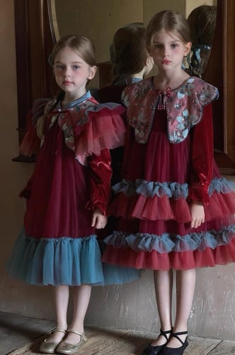 فستان بناتي أنيق من المخمل والتول مع ياقة مزخرفة ب...