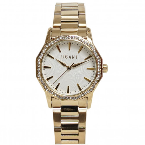 ساعة نسائية من الاستيل باللون الذهبي وفصوص الريزكو...