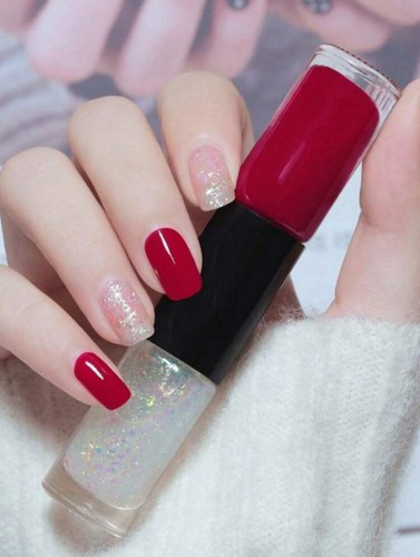 طلاء أظافر أحمر + شفاف لامع