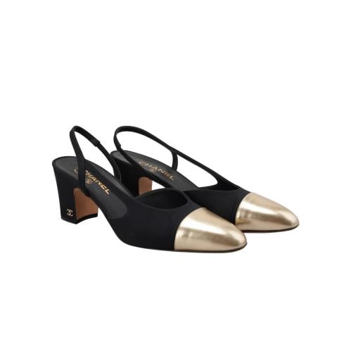 كعب شانيل ذهبي و اسود SLINGBACKS