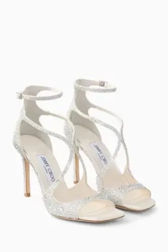 كعب جيمي تشو Ivory Satin Sandals with Crystal-Embellished Sphere