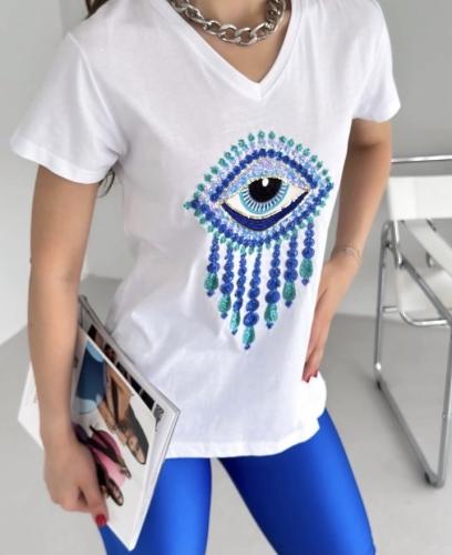 Eye T-shirt embroidered with green and blue (white...