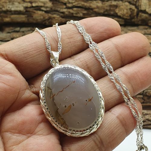 قلاده عقيق يماني زجاجي مصور سلك مبروم مع سلسله فضه