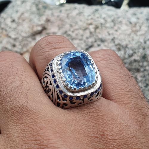 خاتم توباز لندني مطعم بالزركون الازرق منشار الشريف