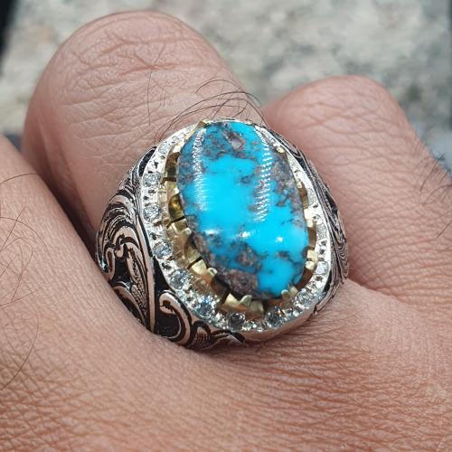 خاتم فيروز نيشابوري مرصع بالزركون موديل برتاش