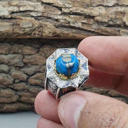خاتم فيروز كرماني مطعم بالالماس عدد 4 حبات صياغه ب...