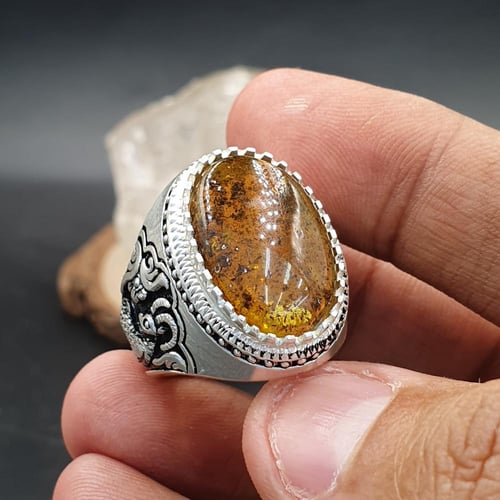 خاتم كهرمان بولندي طبيعي صياغه الغزال