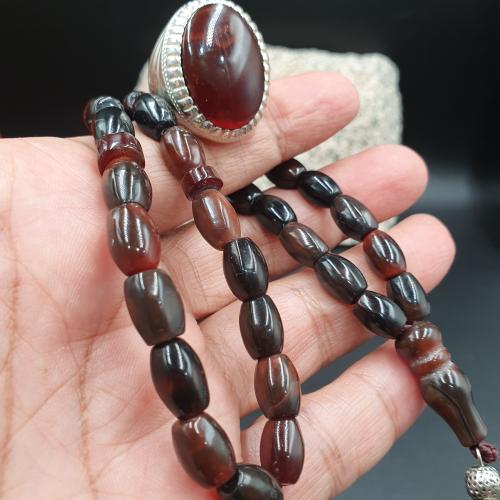 خاتم كرزي مزعفر مع سبحه عقيق يماني كركوشه انتيمون