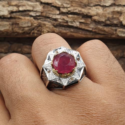 خاتم ياقوت افريقي مرصع بالالماس عدد 4 حبات موديل ب...