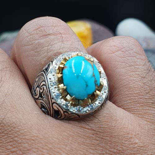 خاتم فيروز نيشابوري مرصع بالزركون موديل برتاش