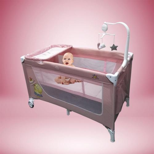 سرير أطفال ومهد سفر بطبقتين مع ألعاب زهري