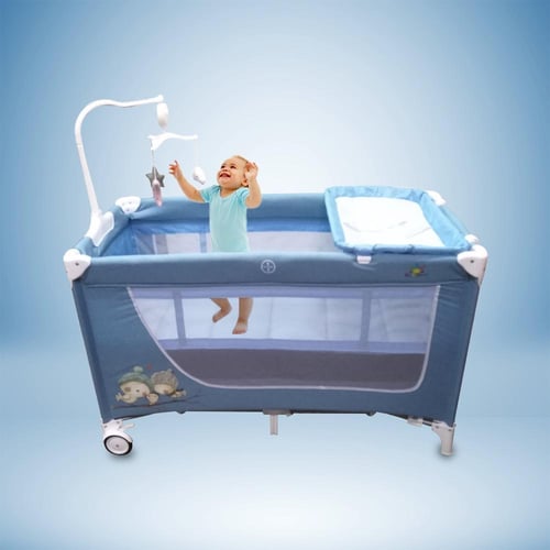 سرير أطفال ومهد سفر بطبقتين مع ألعاب ازرق