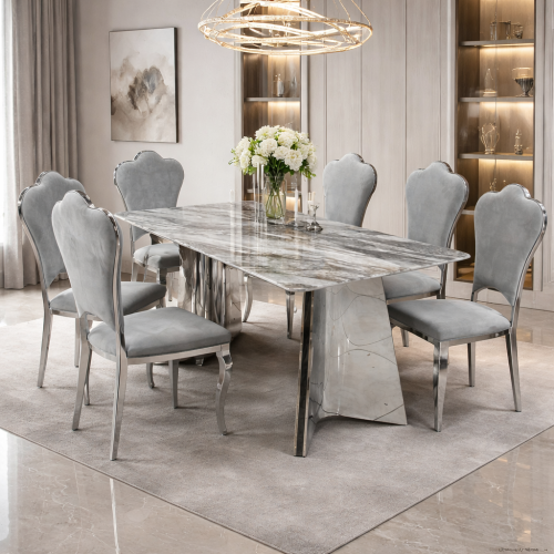 طاولة طعام رخام 6 كراسي استيل