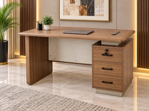 مكتب إداري مودرن خشبي بني 120×60×75 سم مع 3 أدراج وخزانة جانبية