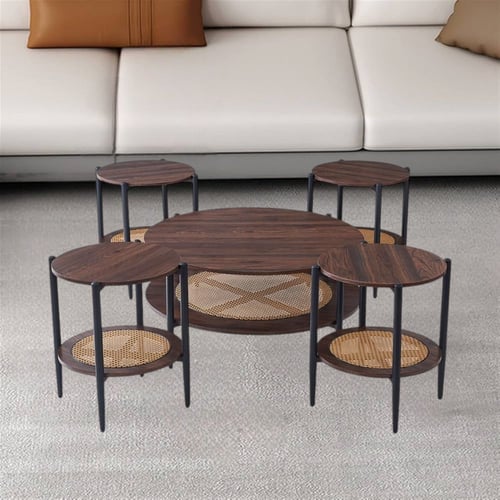 طقم طاولات خشب مع راتان 5 قطع