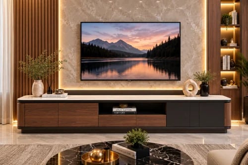 وحدة تلفاز فاخرة بتصميم مودرن وسطح رخامي 220 سم