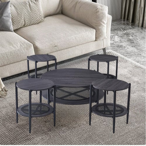 طقم طاولات خشب مع راتان 5 قطع