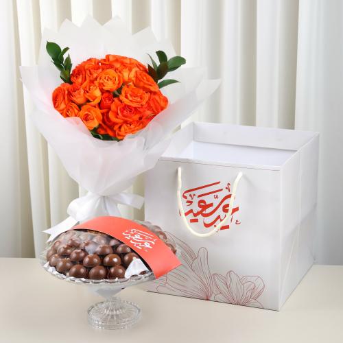 صينية شكولاتة بلجيكية مع باقة ورد