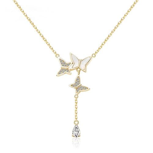 سلسال فضة ثلاثي الفراشات مطلي بالذهب عيار 18 مطعم...