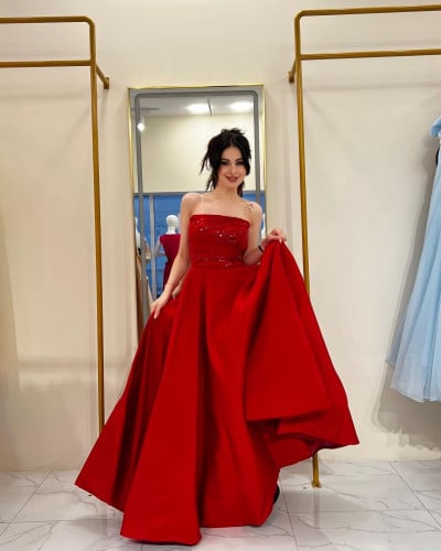 فستان احمر على صدرية خرز 1124-11