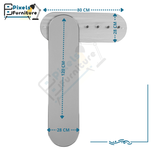 رف خشب معلق على الحائط مع مرآة وعلاقات ملابس من بك...