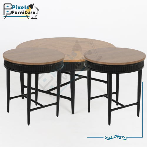 مجموعة طاولات 2+1 دائرية بسطح خشب وقواعد معدنية من...
