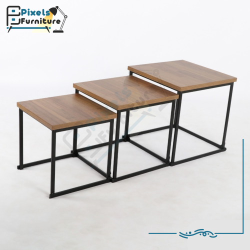 مجموعة طاولات تقديم بسطح خشب وقواعد معدنية من بكسل...