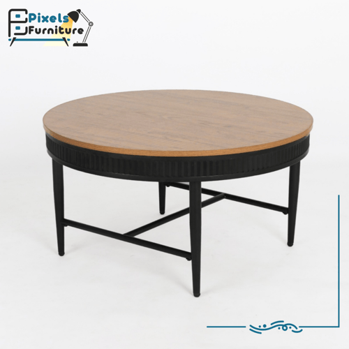 مجموعة طاولات 4+1 دائرية بسطح خشب وقواعد معدنية من...
