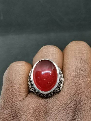 اخاتم الفضة بحجر عقيق يماني أحمر بصياغة عباسي R عي...