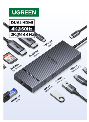 يو جرين موزع USB C ريفودوك، 10 في 1، منفذان 4K@60H...