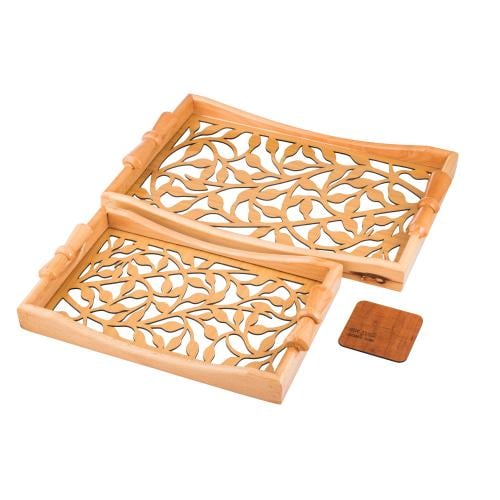 طقم صواني خشب 2 قطعة يد فيونكه ارضية مزخرفة مع طبق...