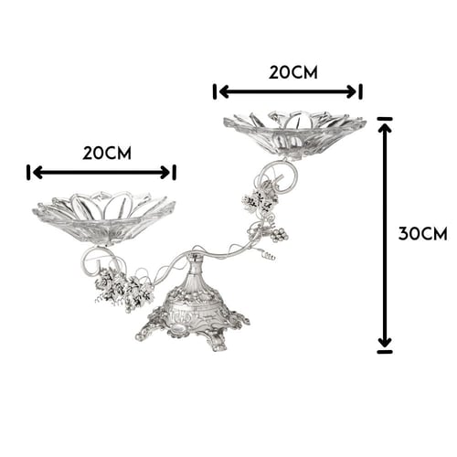 حامل حلاوة معدن ثنائي فضي بصحن زجاجي