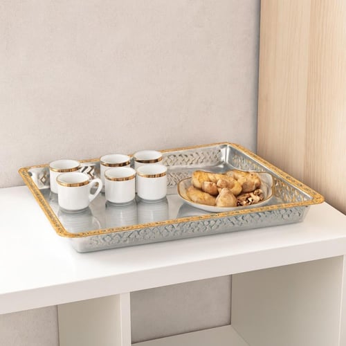 صينية تقديم مستطيل معدن فضي وذهبي مقاس 45*35 سم