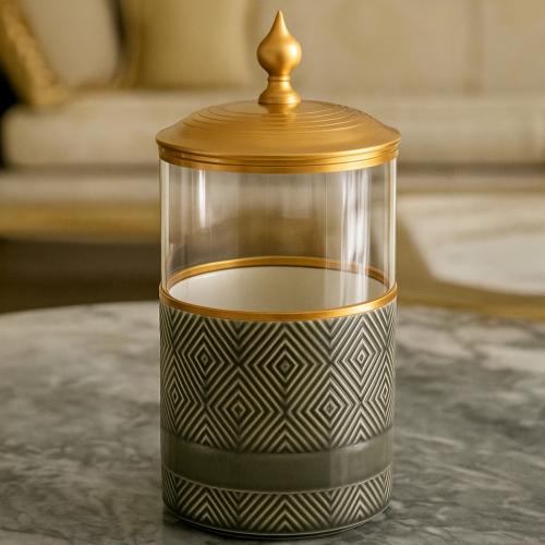 مطبقية حلويات زجاج وبورسلان رمادي بغطاء معدن ذهبي